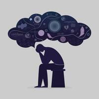 an illustration of a sad man in his thoughts isolated flat design vector