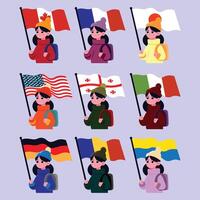 A girl carrying flags from different countries in the world set flat illustration vector