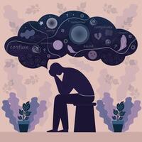 an illustration of a sad man in his thoughts flat design vector