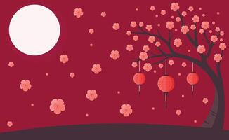moon an sakura tree wallpaper design vector