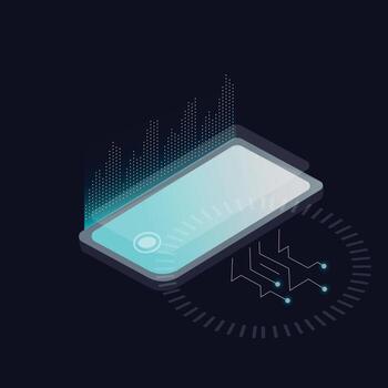 isométrica teléfono con iluminado techno notas vector