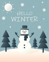 Hello winter postcard design with snowman vector