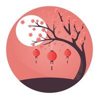 sakura tree moon and lanterns vector