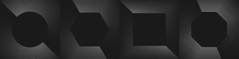 3D techno abstract background set. Silver lines decoration on dark space. Geometric shape bundle. Modern graphic design element black stripes style concept for web, art, flyer, card, or brochure cover vector