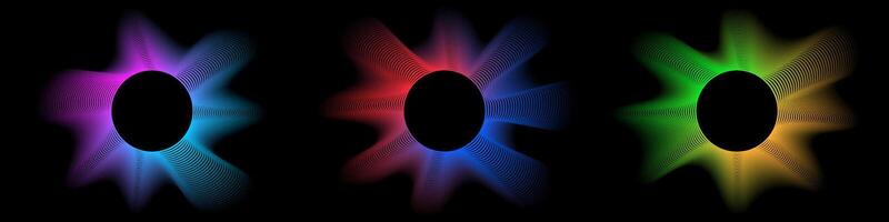 Colorful wavy lines set. Circle frame on dark background with stripes effect decoration. Modern graphic design element with glowing waves style concept for web banner, flyer, card, or brochure cover vector