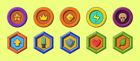Cartoon game rank item badges set. Cartoon style. Star, crown, diamond, lightning, skull, level up, sword, shield, heart, leaf. Perfect for adventure games. vector