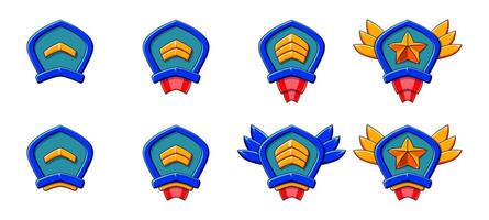 Blue cartoon rank patent level set. Patent, stars, wings, red ribbon. Progress game evolution. vector