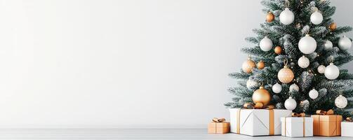 Festive Christmas tree with golden ornaments. photo