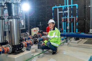 asian man worker in protective uniform and with hardhat using tablet for checking temperature in pipes Factory interior. photo