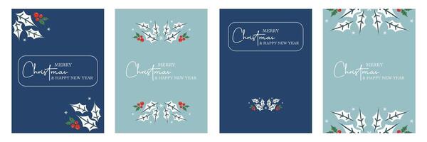 Merry christmas and happy new year minimalist greeting card set on blue vertical background vector