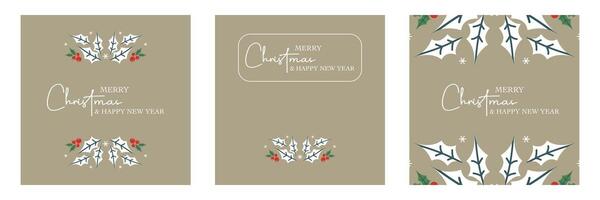 Set of Merry christmas and happy new year mininalist greeting with beries, leaves and snow on brown square background vector