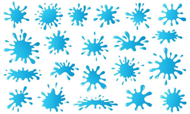 Water splash silhouette set. Blue different liquid shapes collection isolated on white background. Cartoon style. illustration.