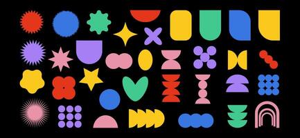 Bauhaus Memphis design. Brutalist abstract colorful geometric shapes and grids. Brutal contemporary figure star oval heart flower and other primitive elements. on white background vector