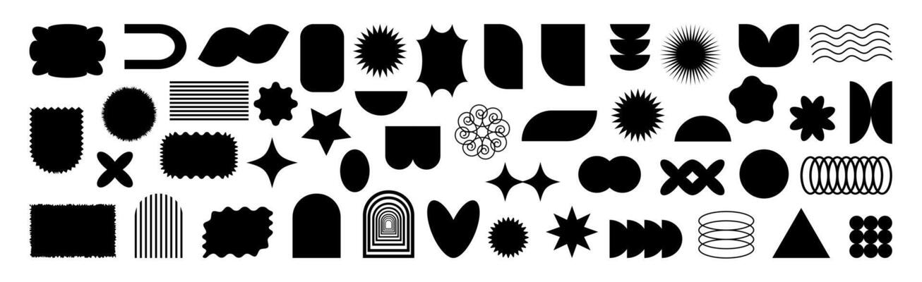 Bauhaus Memphis design. Brutalist abstract geometric shapes and grids. Brutal contemporary figure star oval spiral flower and other elements.Swiss design aesthetic. Black on white background,