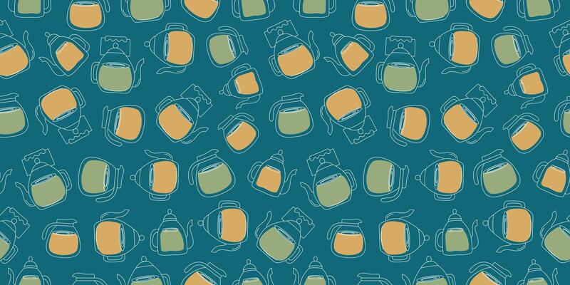 Glass teapots with tea. Pattern seamless. Drawings, doodles. Tea in teapots. Healthy warming hot drink. Winter season. Repeated template.
