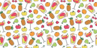 Bright cocktails and fruits. Seamless pattern. Multicolored drinks in wine glasses. Mixed cold drinks. Fresh exotic tropical juice. Alcohol, lemonade. Repeated template. vector