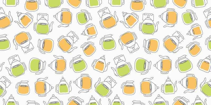 Pattern seamless. Set of glass teapots with tea. Drawings, doodles. Tea in teapots. Healthy warming hot drink. Winter season. Repeated template.