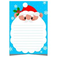 Christmas letter or postcard template to fill out with congratulation and wish list on empty lines on the beard of cute Santa Claus character. Document ready to print or for web. vector