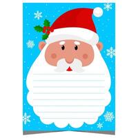 Christmas letter or postcard template with empty lines to complete on the beard of cute Santa character. Christmas wish list for kids to fill out during winter holidays and send it to North Pole. vector