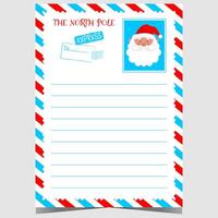 Christmas letter template with airmail border frame, empty lines to fill out and cute Santa character. Ready to print or for web postcard to complete by children to express wishes for presents. vector