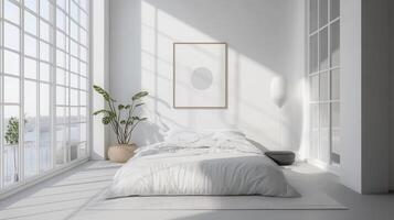 A bedroom with white walls and a bed photo