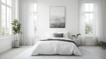A clean white bedroom with a large painting on the wall photo