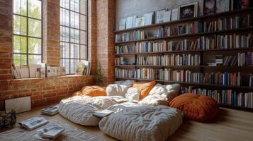 A room with a lot of books and pillows photo