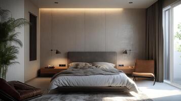 A modern bedroom with a bed and a chair photo