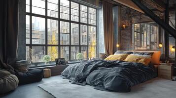 A bedroom with a bed, window and a large window photo