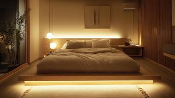 A bedroom with a bed and a lamp on the wall photo