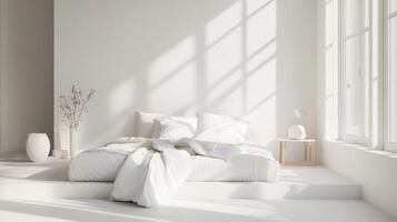 A white bedroom with a bed and white walls photo