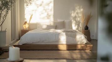 A bed with white sheets and pillows in a room photo