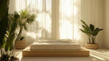 A bedroom with a bed, plants and curtains photo