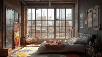 A bedroom with a view of the city skyline photo