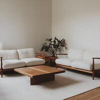 Modern minimalist interior with sofa on white color wall background photo