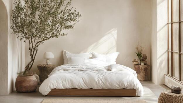 A bed with white sheets and a tree in the corner photo