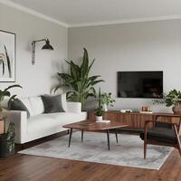 Modern minimalist interior with sofa on white color wall background photo
