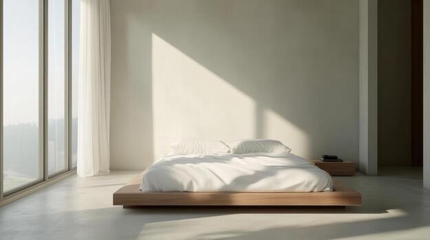 A bed in a room with large windows photo