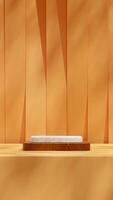 Yellow wall 3D image render mockup scene terrazzo and wood texture podium in portrait photo