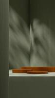 3D render template mockup of brown wood texture podium in portrait with green pillar and wall photo
