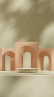 Scene mockup of green and white podium in portrait with brown terrazzo arch background 3D rendering photo