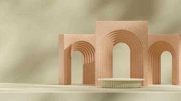 Scene mockup of green and white podium in landscape with brown terrazzo arch background 3D rendering photo