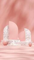 Marble block podium in portrait pink arch and ball, 3D rendering template mockup photo