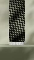 Green geometrical wall 3D rendering empty scene of white cylinder marble podium in portrait photo