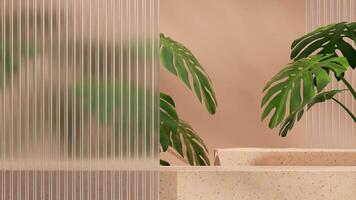 Brown terrazzo texture podium in landscape with glass and monstera plant 3D image render empty scene photo