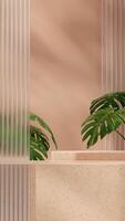 Brown terrazzo texture podium in portrait with glass and monstera plant 3D image render empty scene photo
