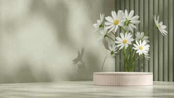 White daisy and green background 3D render template mockup of terrazzo texture podium in landscape photo