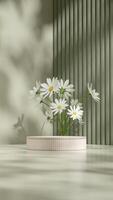 White daisy and green background 3D render template mockup of terrazzo texture podium in portrait photo