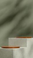 Portrait layout of green wall, 3D render blank space of terrazzo and wood podium photo