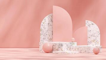 Marble block podium in landscape pink arch and ball, 3D rendering template mockup photo